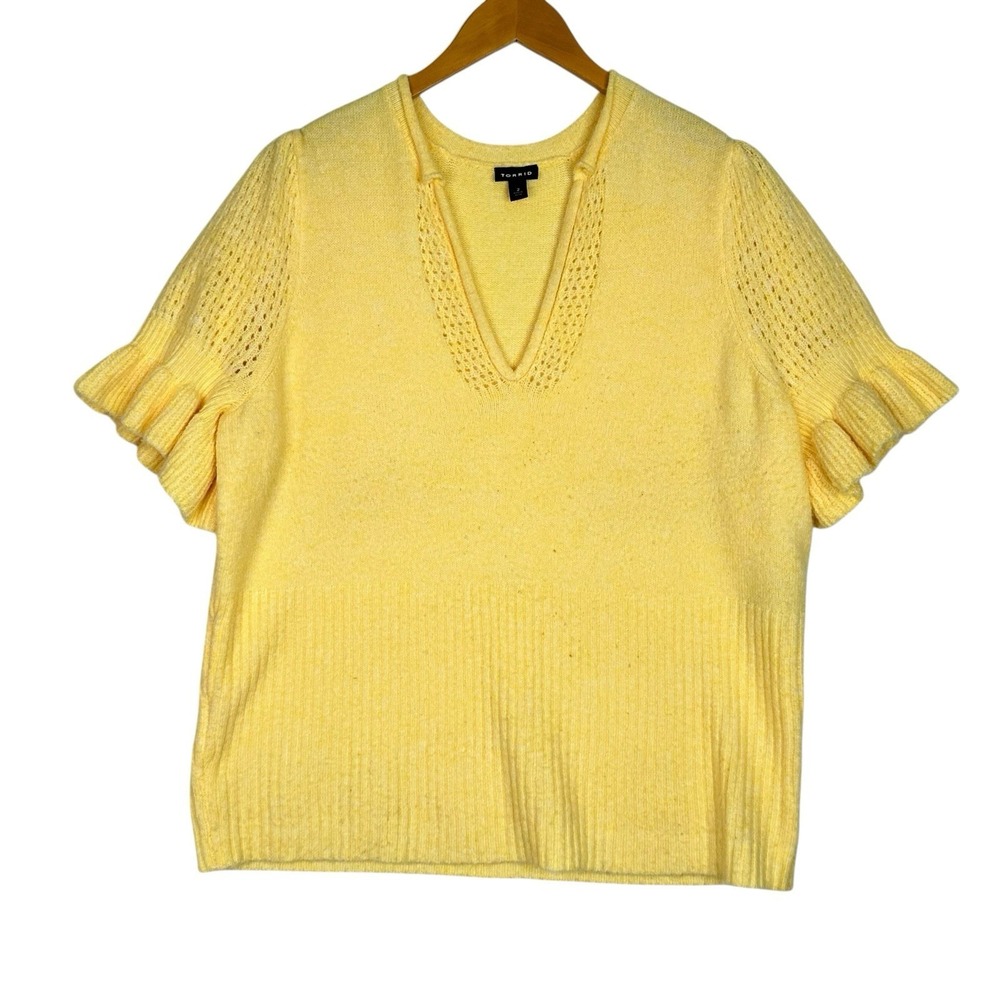 Torrid Yellow Knit Top Size 2X Ruffle Sleeve V Neck Soft Sweater Plus Size